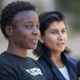 Patricia Okoumou is joined by her attorney Rhiya Trivedi as she speaks to reporters outside Federal court, Thursday, July 5, 2018, in New York.